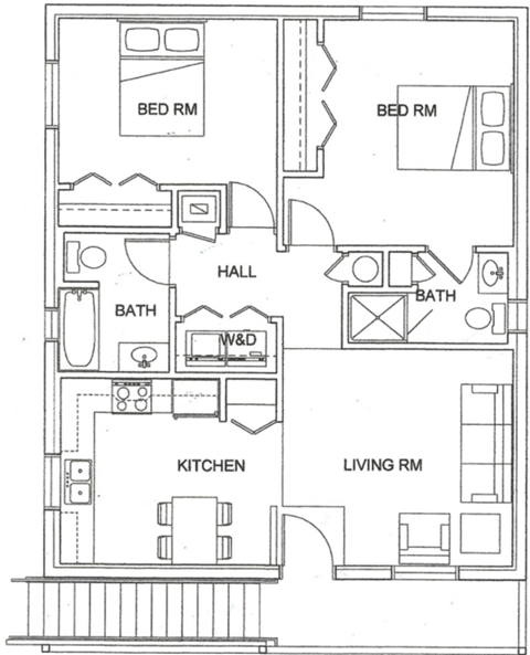 Floor plan for 2 beds, 2 baths, 950 sqft
